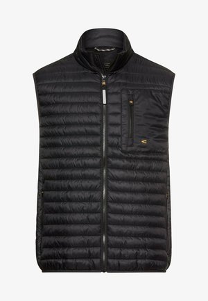 Schwarze, gesteppte, ärmellose Steppweste mit Frontreißverschluss, Reißverschlusstasche auf der Brust und Stehkragen, mit kleinen orangefarbenen Logoaufnähern.