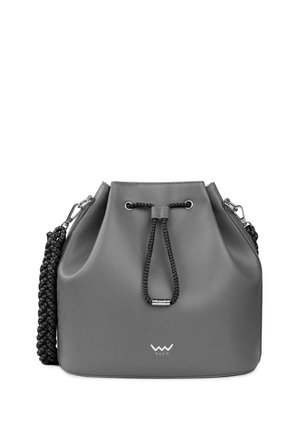 Gray bucket bag made of smooth material, featuring a drawstring closure, braided strap, and a subtle logo on the front.