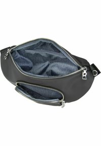 Borsa a tracolla in nylon nero con zip argentate, dotata di un ampio scomparto principale e di una piccola tasca esterna con zip. Interno foderato in tessuto grigio.