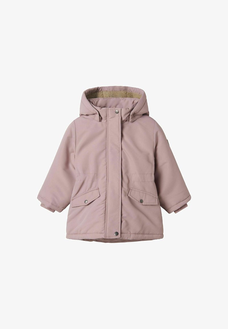 Padded roza jakna s kapuco, ki ima mehko podlogo, dva sprednja žepa in zapiranje s pridržkom. Preprost dizajn s kratkimi rokavi.