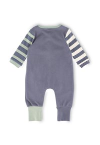 Marineblauer Baumwollstrampler mit langen gestreiften Ärmeln in Grün, Marineblau und Weiß. Weicher Stoff, runder Halsausschnitt und elastische Bündchen an den Knöcheln.