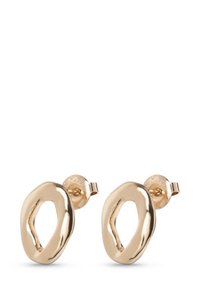 Pendientes de botón en tono dorado con un diseño ovalado ondulado, superficie lisa y pulida y centro abierto recortado. Cierre de mariposa.