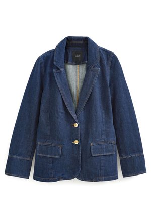 Blazer de denim azul oscuro con dos botones dorados, solapas con muescas, mangas largas y dos bolsillos delanteros con solapa, etiquetado como "Next."