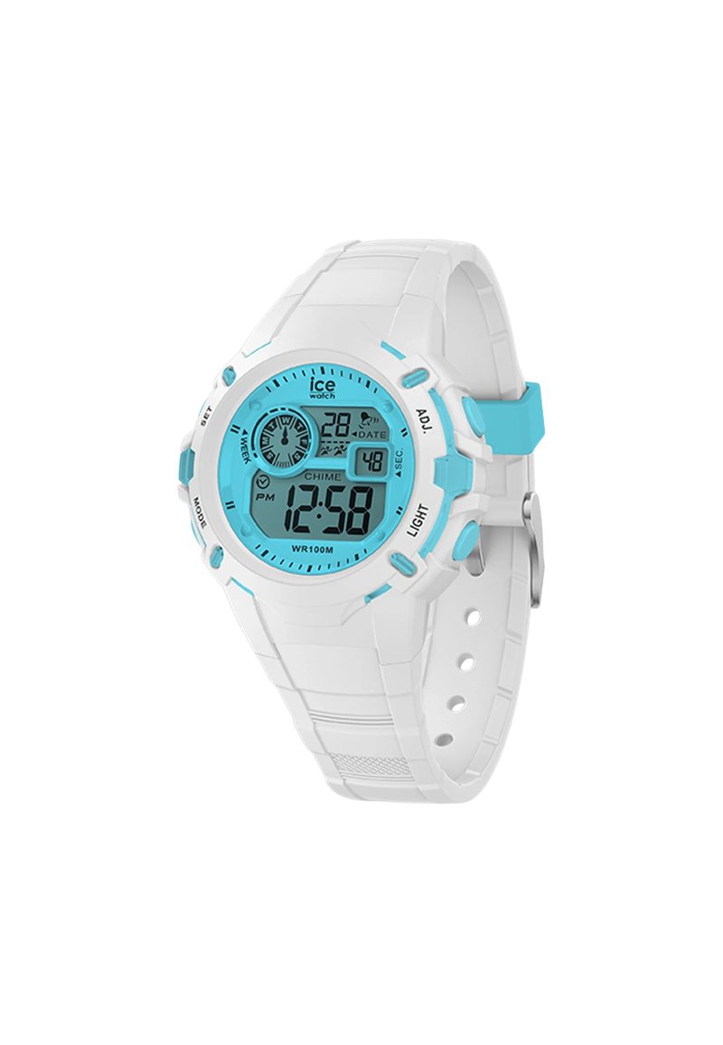 Orologio digitale con cinturino in silicone bianco e dettagli turchesi. Presenta un quadrante rotondo, display analogico-digitale e resistenza all'acqua fino a 100 metri.