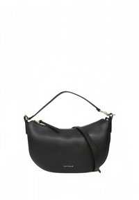 Mala de ombro em pele preta com acabamento texturizado, forma curva, detalhes em metal dourado e uma alça destacável. Apresenta fecho de correr.