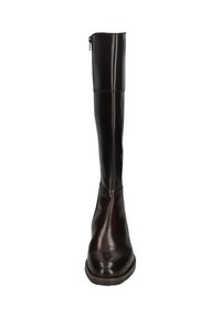 Hohe dunkelbraune Lederstiefel mit abgerundeter Spitze, Nahtdetails, flacher Sohle und einem Reißverschluss an der Rückseite des Schaftes.