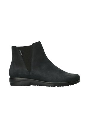 Bottine en cuir nubuck noir avec panneaux latéraux élastiques et semelle en caoutchouc basse, conçue pour une tenue décontractée ou semi-formelle.