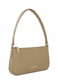 Borsa a spalla in pelle beige effetto graniglia con zipper dorato e logo "LAZAROTTI" dorato sul fronte.