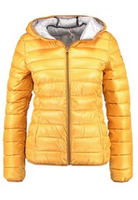 Doudoune jaune avec capuche, présentant un design matelassé et une fermeture à glissière. La doublure intérieure est argentée, créant un détail contrastant.