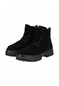 Bottines en daim noir avec un bout rond, des coutures contrastées, un laçage à l'avant et une semelle en caoutchouc épaisse avec un motif cranté.