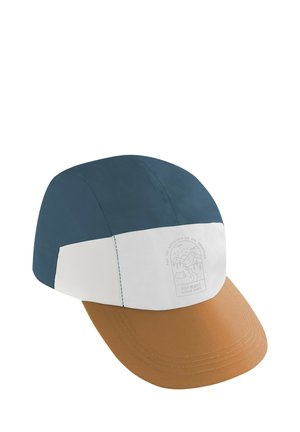 Kappe mit blauer Oberseite, weißem Mittelteil mit gedrucktem Logo und brauem Schirm. Hergestellt aus leichtem Stoff mit glatter Textur.