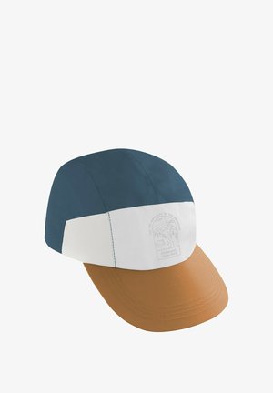 Kappe mit blauer Oberseite, weißem Mittelteil mit gedrucktem Logo und brauem Schirm. Hergestellt aus leichtem Stoff mit glatter Textur.