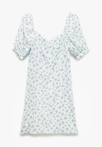 Vestido floral blanco con estampados de flores azules, mangas cortas abullonadas y escote cuadrado. Tejido ligero con una textura suave.