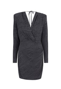 Zwarte wikkeljurk met lange mouwen, V-hals en strikdetail achter. Gemaakt van zachte, textuurrijke stof met een getailleerde pasvorm.