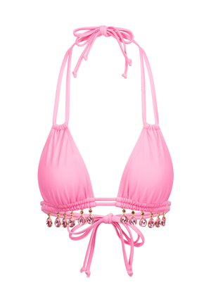 Rosa Dreieck-Bikini-Oberteil mit verstellbaren Bändern, verziert mit dekorativen goldenen Beschlägen und rosa Tropfenakzenten entlang der unteren Kante.