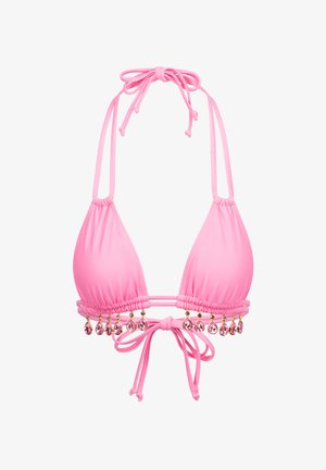 Rosa Dreieck-Bikini-Oberteil mit verstellbaren Bändern, verziert mit dekorativen goldenen Beschlägen und rosa Tropfenakzenten entlang der unteren Kante.