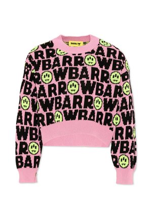 Maglia corta rosa a maniche lunghe con testo nero ""BARROW"" e motivi gialli di faccine sorridenti ovunque, con polsini e orlo a coste.