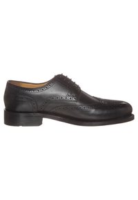 Sorte læder dress sko med brogue detaljer, rund tå, og fem-huls snøredesign. Har en glat finish og en lav hæl.