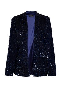 Blazer navy cubierto de lentejuelas, con un diseño de frente abierto, mangas largas y un forro interno de satén suave. Superficie texturizada con acentos brillantes.