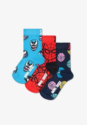 Three pairs of kids' socks: blue with cartoon skulls, red with spider web pattern, and navy with colorful superhero faces. Cotton material.