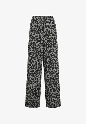 Laia püksid, mis on valmistatud pehmest kangast, musta ja halli leopardimustriga. Disainitud kõrge vöökohaga ja ilma nähtavate riistadega.