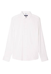 Camisa blanca de manga larga con cuello clásico, cierre frontal de botones y puños cosidos. Textura suave, corte entallado, diseño minimalista.