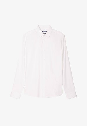 Valkoinen pitkähihainen paita, jossa on klassinen kaulus, etupainikekiinnitys ja ommellut hihansuut. Sileä tekstuuri, istuva malli, minimalistinen muotoilu.