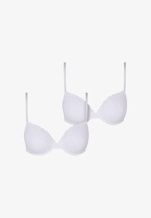 Valged pitsiga sisetugedega rinnahoidjad, millel on reguleeritavad rihmad ja vormitud tassid; sile tekstuur ja klassikaline disain; kaks ühikut on koos väljas.