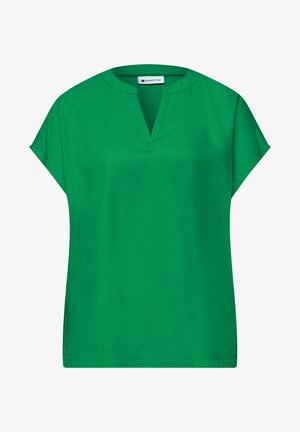 Groene damesblouse met korte mouwen, een ingesneden halslijn en een ontspannen pasvorm.
