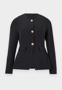 Μαύρο μακρυμάνικο σακάκι με στρογγυλή λαιμόκοψη, διακοσμημένο με τρία χρυσά κουμπιά σε σχήμα τριαντάφυλλου, ζώνη πεπλούμ και λείο ύφασμα.