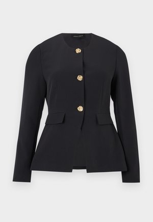 Jachetă neagră cu mâneci lungi și decolteu rotund, prevăzută cu trei nasturi aurii în formă de trandafir, talie tip peplum și textură netedă.