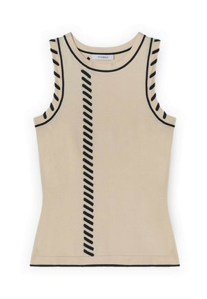 Ärmelloses beigefarbenes Strickoberteil mit schwarzen diagonalen Streifen in der Mitte sowie entlang der Armausschnitte und der Ausschnittkanten.