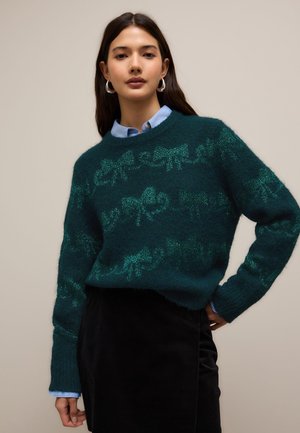 Pullover - teal blue sparkle tinsel bow