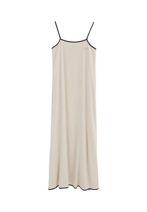 Długa beżowa sukienka na cienkich czarnych ramiączkach typu spaghetti, czarna lamówka przy dekolcie i na dole, prezentowana na białym tle.