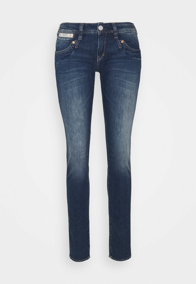 Dark blue denim jeans with a slim fit, button closure, five-pocket design, and light fading detail on the thighs and knees.