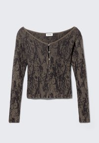 Long-sleeve, fitted cardigan in dark green and black textured knit, featuring a wide neckline and five matching buttons down the front.
