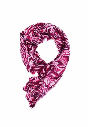 Sciarpa marmorizzata che presenta sfumature di rosa e bordeaux, realizzata in tessuto morbido, con bordi sfrangiati e un design fluido e scorrevole.