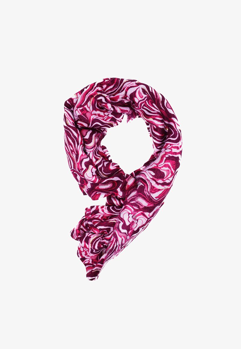 Sciarpa marmorizzata che presenta sfumature di rosa e bordeaux, realizzata in tessuto morbido, con bordi sfrangiati e un design fluido e scorrevole.