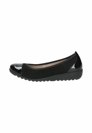 Black ballet flats with a suede texture and shiny patent cap toe. Rubber sole, cushioned insole, and low-profile design for comfort.