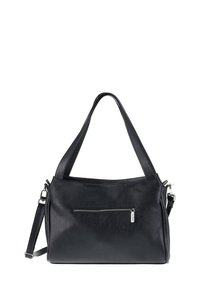 Borsa a tracolla in pelle nera con superficie texturizzata, manico superiore e tracolla staccabile. Presenta una tasca anteriore con zip.