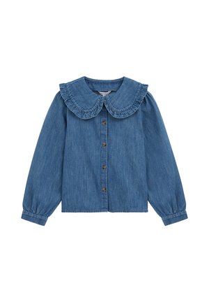 Chemise en denim à manches longues avec grand col Peter Pan à volants et quatre boutons marron sur le devant, manches avec poignets.