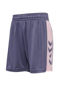 Lätta, violetta sportshorts med vertikala tunnrandiga mönster och en rosa sidopanel med ett geometriskt mönster och logodetaljer.