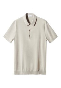 Beige polo paita, joka on pehmeäkarvainen, lyhythihainen ja jossa on kolmipainikemalli. Kaulus on pyöreä ja siinä on yksinkertainen, klassinen muotoilu.