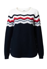 Marineblauer Pullover mit weißen, roten und blauen Zickzackstreifen. Gestrickter Stoff, Rundhalsausschnitt und seitliche Knöpfe als bemerkenswerte Details.