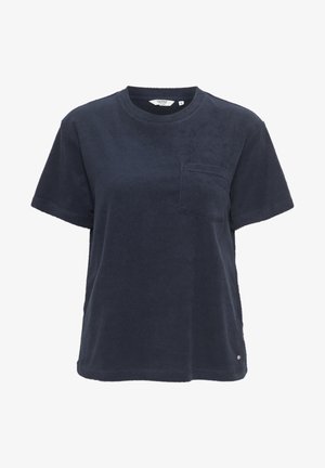 Mörkblå t-shirt med kort ärm i mjukt frottétyg, med en bröstficka och rund halsringning. Avslappnad passform med en subtil logotypdetalj.