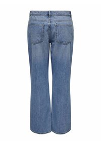 Jean en denim bleu avec une coupe droite, poches arrière visibles et passants de ceinture, présenté de dos sur fond blanc.