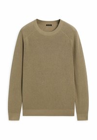 Khaki crew-neck-tröja gjord av mjukt stickat tyg; har ribbad detalj längst axlarna och ärmsluten, med rak nederkant.