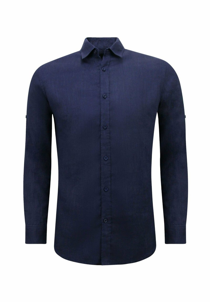 Marineblauwe langemouwen shirt van lichtgewicht stof, met een kraag, knopen aan de voorkant en met knopen bij de manchetten. Effen textuur, slim-fit ontwerp.