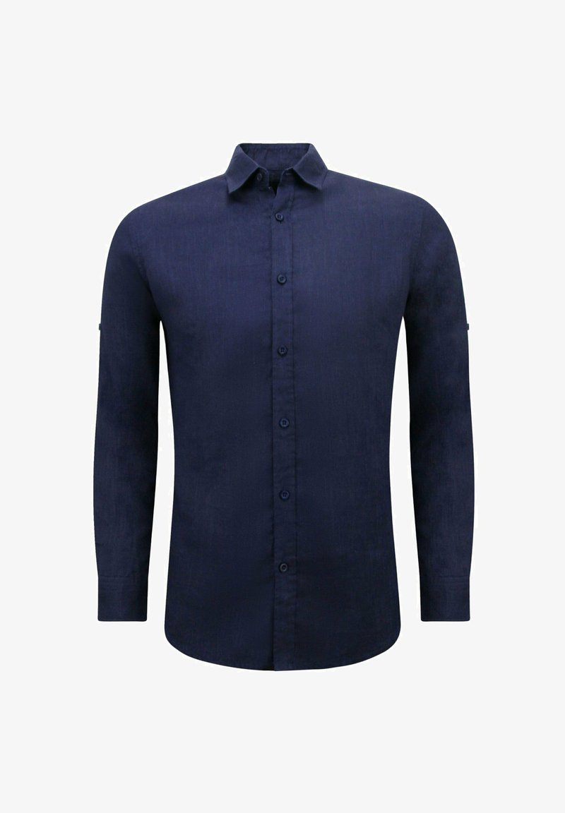 Marineblauwe langemouwen shirt van lichtgewicht stof, met een kraag, knopen aan de voorkant en met knopen bij de manchetten. Effen textuur, slim-fit ontwerp.