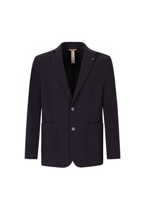 Blazer da uomo blu navy scuro con due bottoni, rever a lancia, due tasche a toppa frontali e una tasca a filetto sul petto.